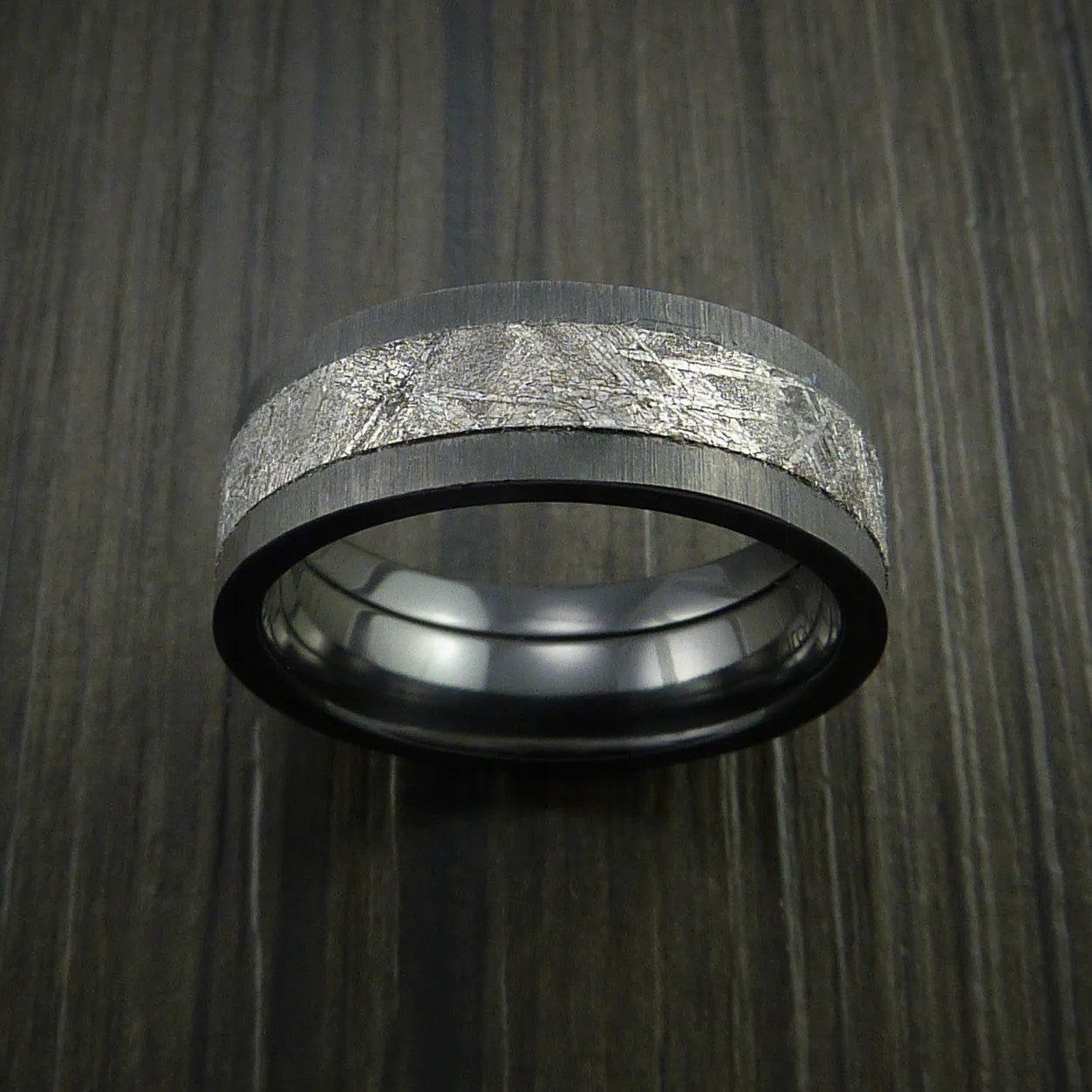 Black Titanium Men's Ring with Gibeon Meteorite Inlay Custom Made Wedding Band