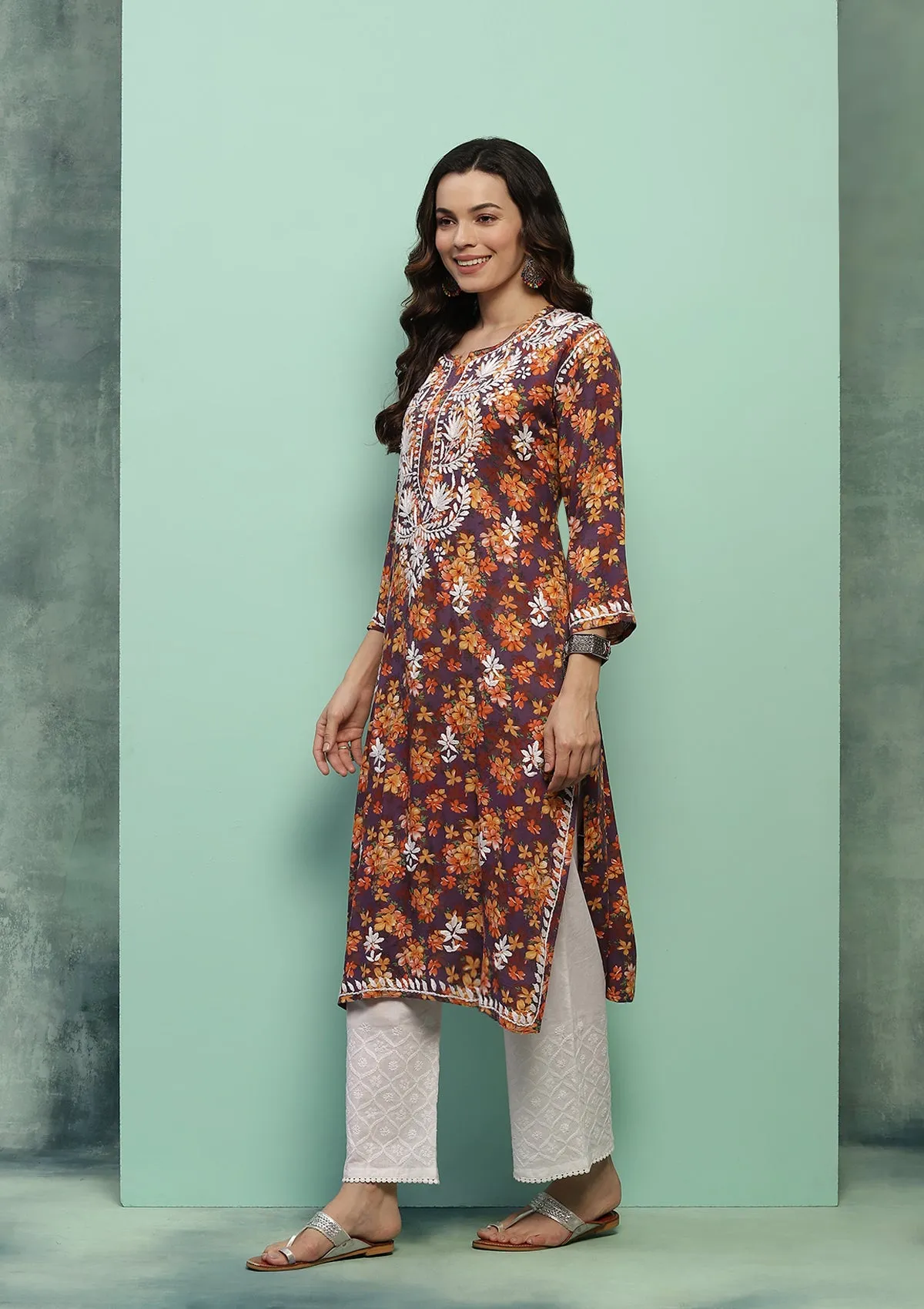 Rayon Chikankari Printed Women's Long Kurta - Purple