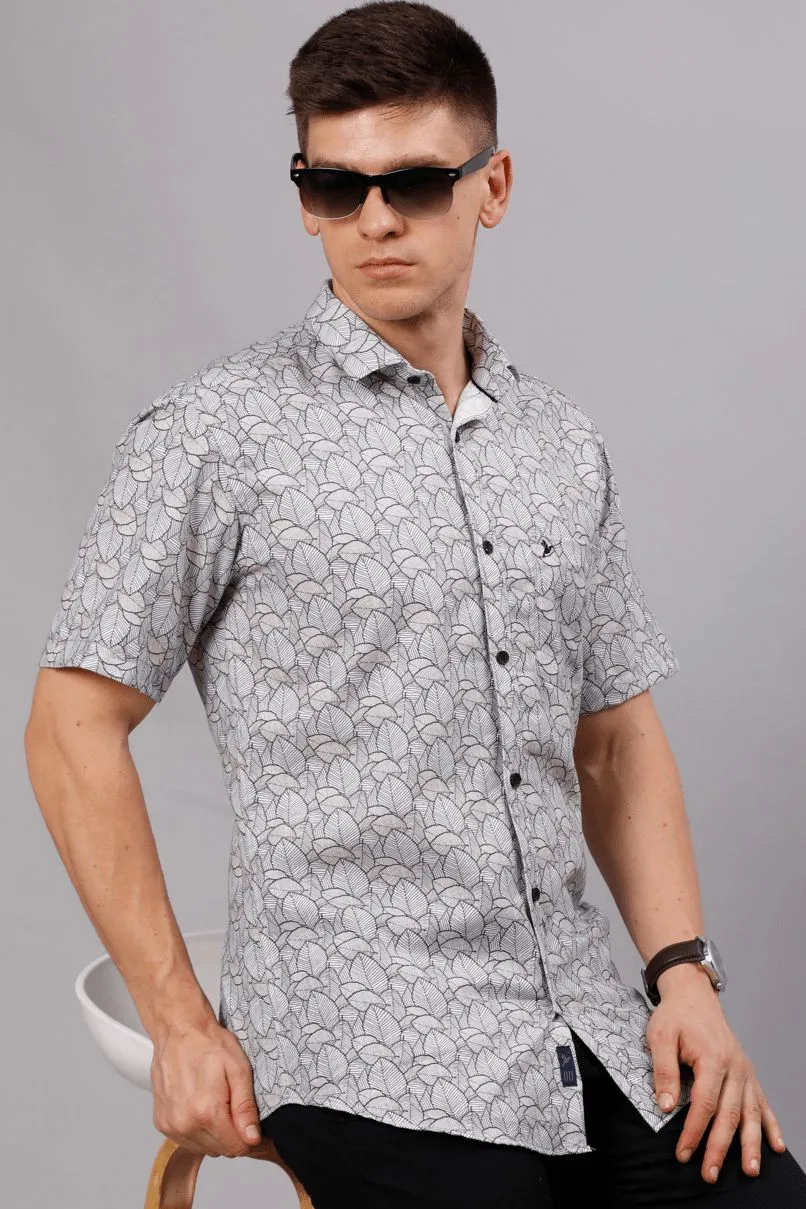 White Multi Leaf Print - Half Sleeve - Stain Proof