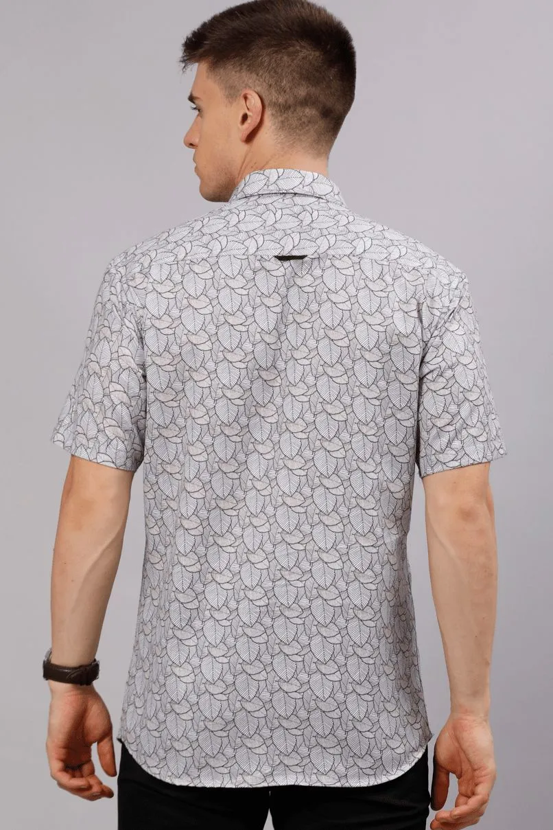 White Multi Leaf Print - Half Sleeve - Stain Proof